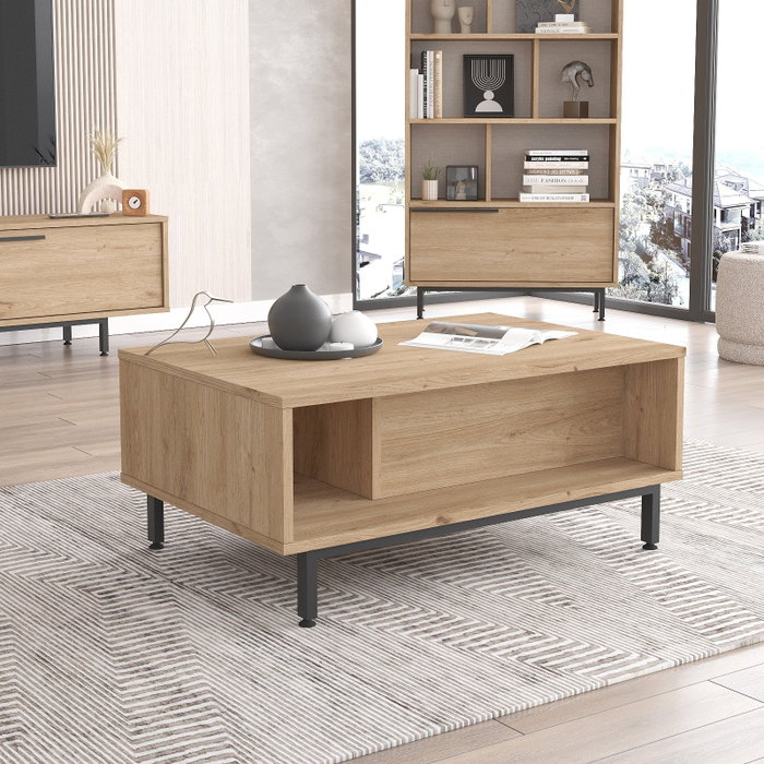 Hanah Home On2-S Mesa de Centro Moderna en Nogal con Patas de Metal, 90x37.6x60 cm